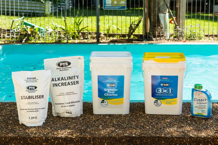 A variety of common pool chemicals including: stabilizer (cyanuric acid), pH Increaser, stabilized chlorine, copper sulphate.