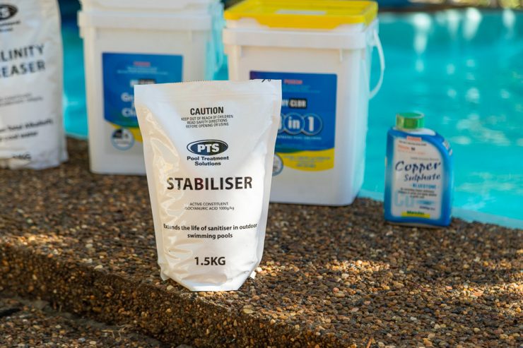 bag of pool stabilizer and other pool shocks