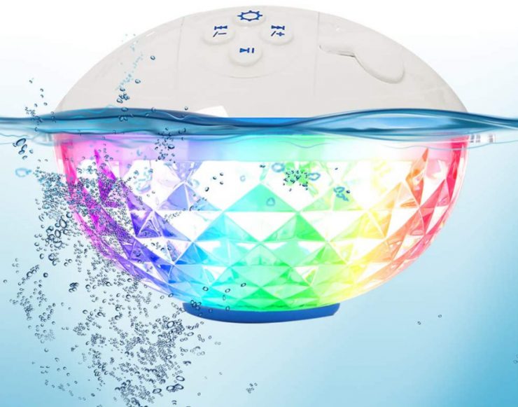 Colored light & bluetooth swimming pool speaker in pool.