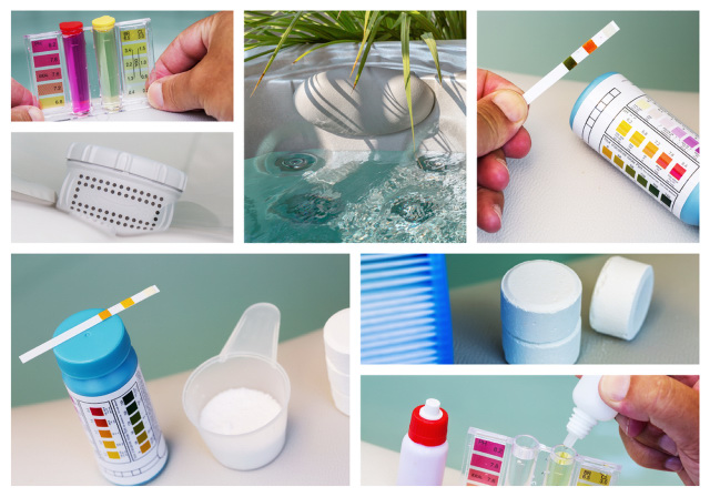 Hot tub with startup chemicals and testing kits.