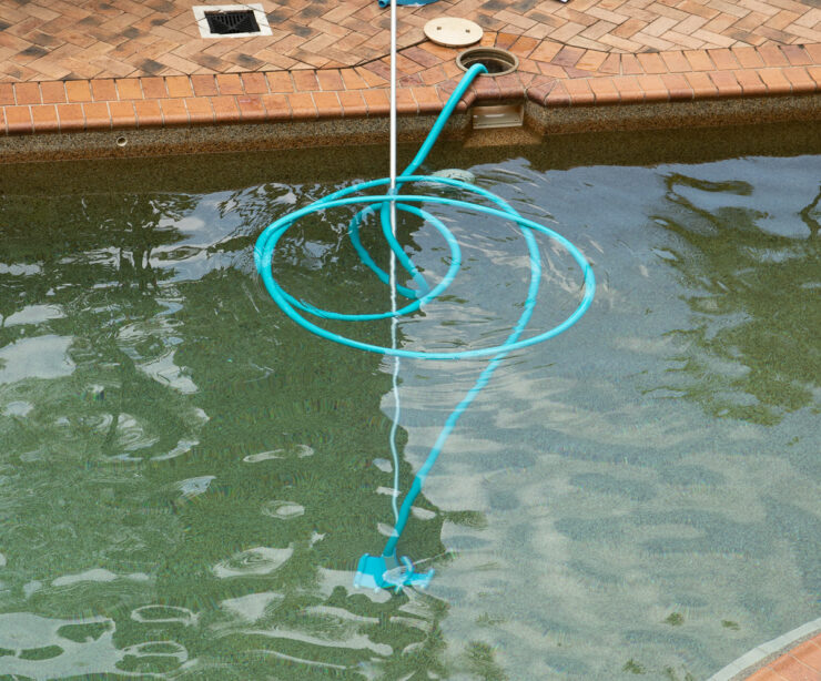 Skimmer with vacuum hose connected and vac head and pole.
