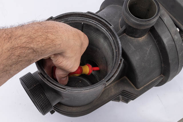 Using a screwdriver to unblock a clogged up pool pump impeller.