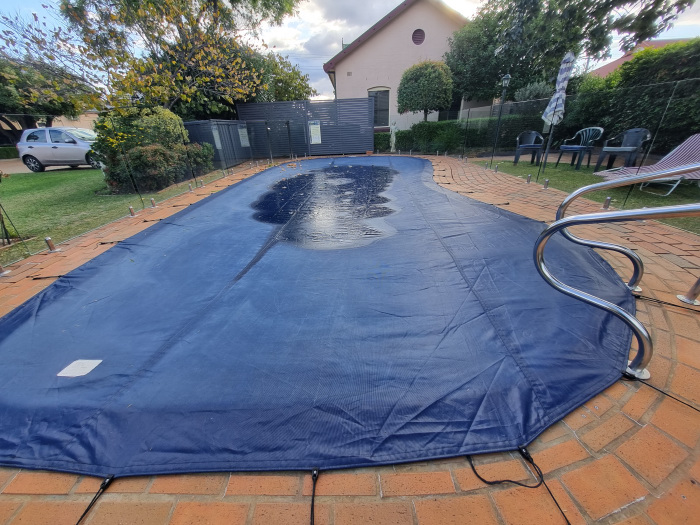 wet kidney-shaped pool cover