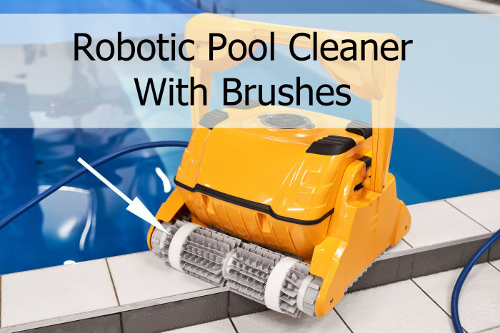 Robot pool cleaner by side of pool. This model has brushes.