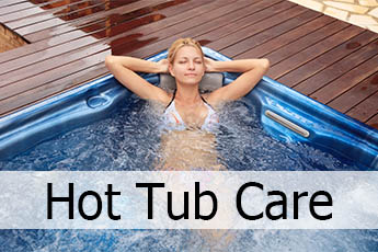 Hot tub care and maintenance. Shows lady relaxing in clean hot tub or spa.