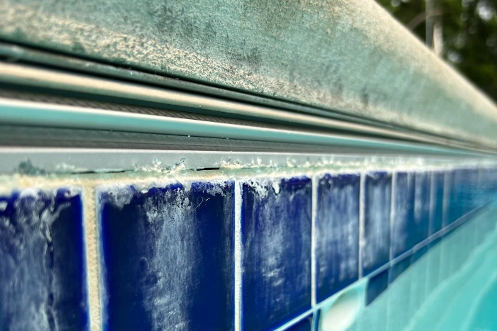 calcium buildup on pool tiles waterline