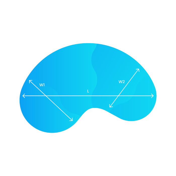 Shows kidney or jellybean shaped pool measurement points to calculate pool volume and surface area.